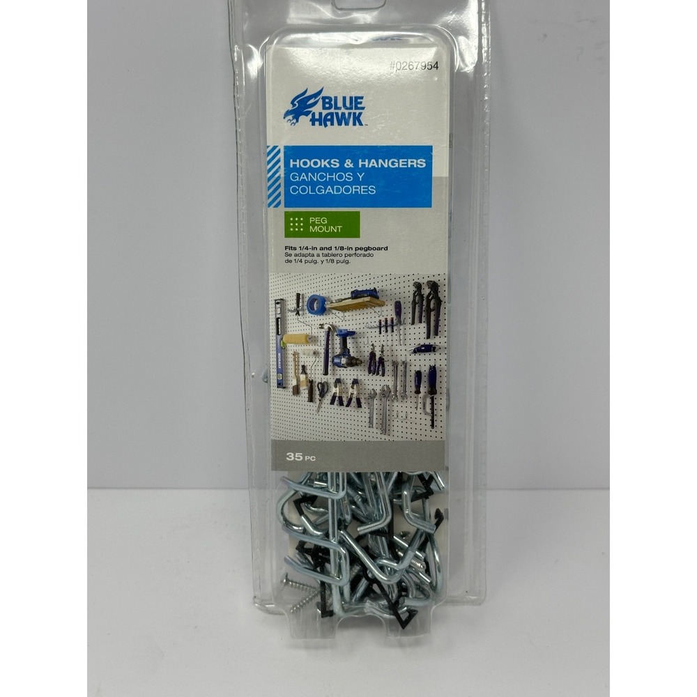 NEW Blue Hawk 35pcs Hooks & Hangers (for 1/4" and 1/8" Peg-Mount Pegboard) S8